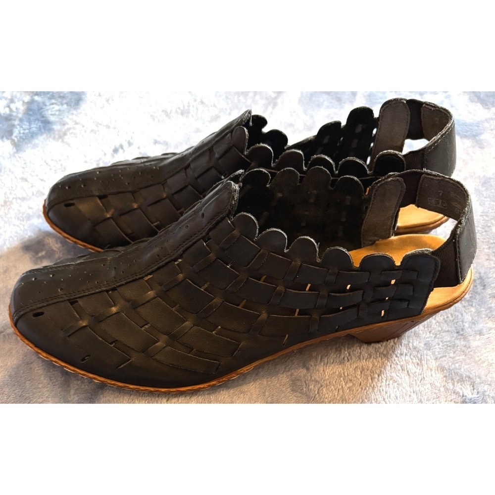 Rieker Antistress Black Leather Woven Slingback Block Heel Sandals EU 41